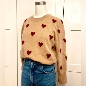 J Crew Intarsia Heart Everyday Cashmere Sweater In Heather Camel Burgundy